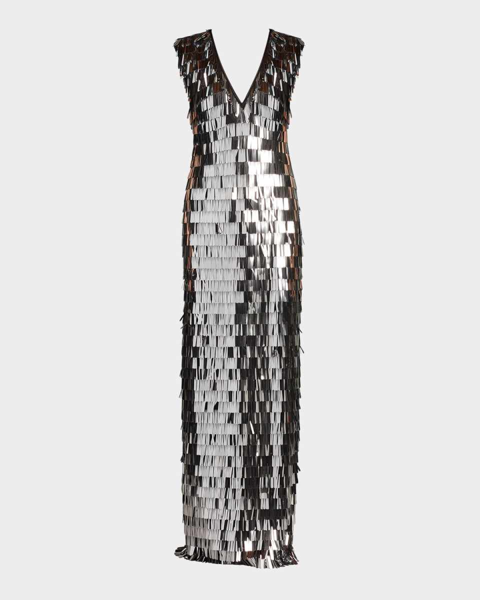 Sleeveless Sequin Fringe Column Gown